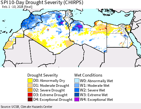 North Africa SPI 10-Day Drought Severity (CHIRPS) Thematic Map For 2/1/2024 - 2/10/2024