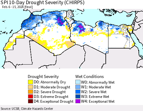 North Africa SPI 10-Day Drought Severity (CHIRPS) Thematic Map For 2/6/2024 - 2/15/2024
