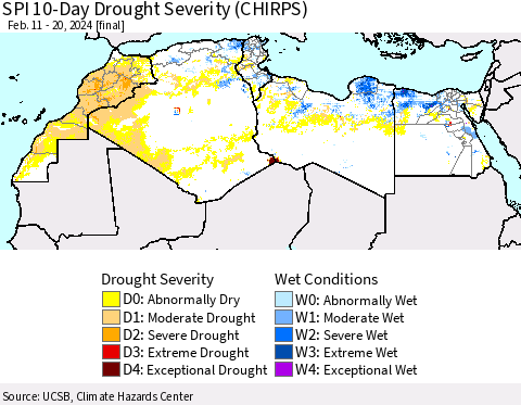 North Africa SPI 10-Day Drought Severity (CHIRPS) Thematic Map For 2/11/2024 - 2/20/2024