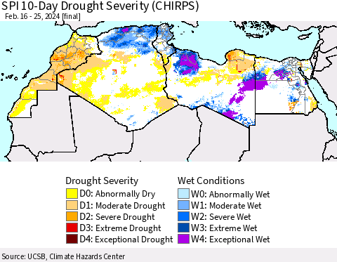 North Africa SPI 10-Day Drought Severity (CHIRPS) Thematic Map For 2/16/2024 - 2/25/2024
