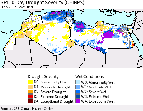 North Africa SPI 10-Day Drought Severity (CHIRPS) Thematic Map For 2/21/2024 - 2/29/2024