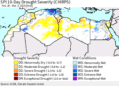 North Africa SPI 10-Day Drought Severity (CHIRPS) Thematic Map For 2/26/2024 - 3/5/2024