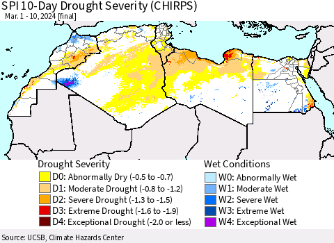 North Africa SPI 10-Day Drought Severity (CHIRPS) Thematic Map For 3/1/2024 - 3/10/2024
