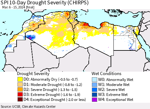 North Africa SPI 10-Day Drought Severity (CHIRPS) Thematic Map For 3/6/2024 - 3/15/2024