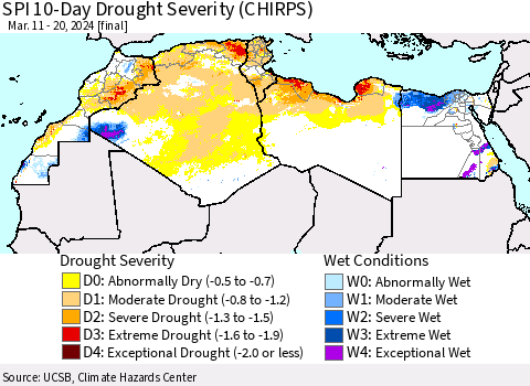 North Africa SPI 10-Day Drought Severity (CHIRPS) Thematic Map For 3/11/2024 - 3/20/2024