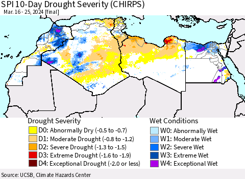 North Africa SPI 10-Day Drought Severity (CHIRPS) Thematic Map For 3/16/2024 - 3/25/2024