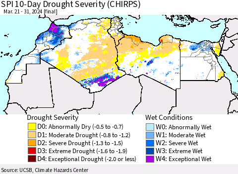 North Africa SPI 10-Day Drought Severity (CHIRPS) Thematic Map For 3/21/2024 - 3/31/2024