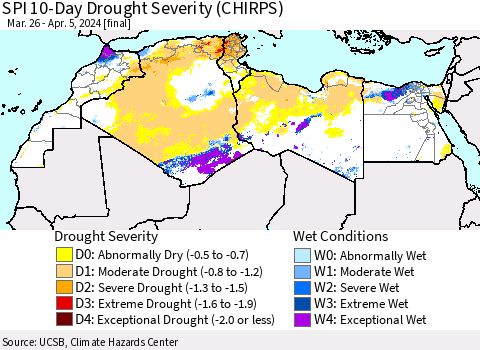 North Africa SPI 10-Day Drought Severity (CHIRPS) Thematic Map For 3/26/2024 - 4/5/2024