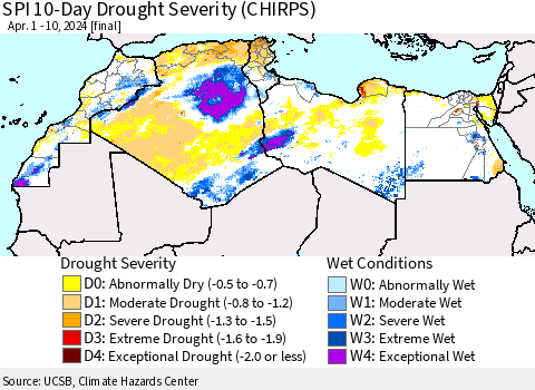 North Africa SPI 10-Day Drought Severity (CHIRPS) Thematic Map For 4/1/2024 - 4/10/2024