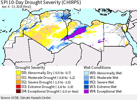 North Africa SPI 10-Day Drought Severity (CHIRPS) Thematic Map For 4/6/2024 - 4/15/2024