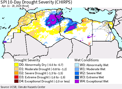 North Africa SPI 10-Day Drought Severity (CHIRPS) Thematic Map For 4/11/2024 - 4/20/2024