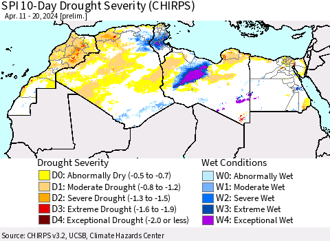 North Africa SPI 10-Day Drought Severity (CHIRPS) Thematic Map For 4/11/2024 - 4/20/2024