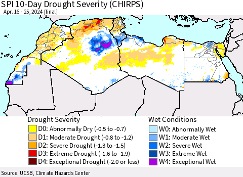North Africa SPI 10-Day Drought Severity (CHIRPS) Thematic Map For 4/16/2024 - 4/25/2024