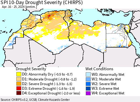 North Africa SPI 10-Day Drought Severity (CHIRPS) Thematic Map For 4/16/2024 - 4/25/2024