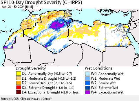 North Africa SPI 10-Day Drought Severity (CHIRPS) Thematic Map For 4/21/2024 - 4/30/2024