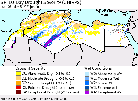 North Africa SPI 10-Day Drought Severity (CHIRPS) Thematic Map For 4/26/2024 - 5/5/2024