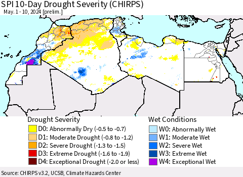North Africa SPI 10-Day Drought Severity (CHIRPS) Thematic Map For 5/1/2024 - 5/10/2024