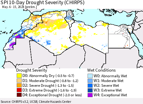 North Africa SPI 10-Day Drought Severity (CHIRPS) Thematic Map For 5/6/2024 - 5/15/2024