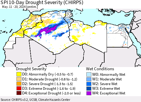 North Africa SPI 10-Day Drought Severity (CHIRPS) Thematic Map For 5/11/2024 - 5/20/2024