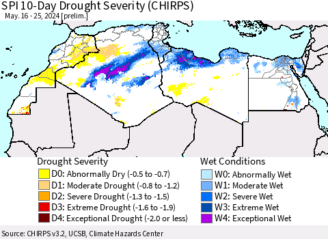 North Africa SPI 10-Day Drought Severity (CHIRPS) Thematic Map For 5/16/2024 - 5/25/2024