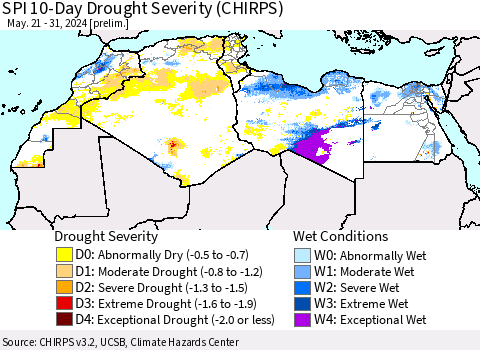 North Africa SPI 10-Day Drought Severity (CHIRPS) Thematic Map For 5/21/2024 - 5/31/2024