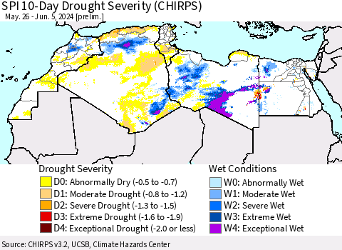 North Africa SPI 10-Day Drought Severity (CHIRPS) Thematic Map For 5/26/2024 - 6/5/2024