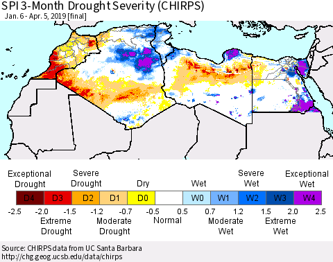 North Africa SPI 3-Month Drought Severity (CHIRPS) Thematic Map For 1/6/2019 - 4/5/2019