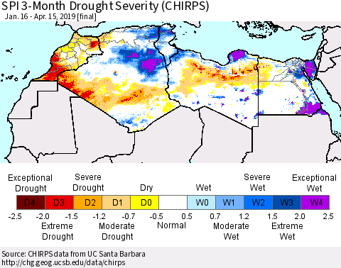 North Africa SPI 3-Month Drought Severity (CHIRPS) Thematic Map For 1/16/2019 - 4/15/2019