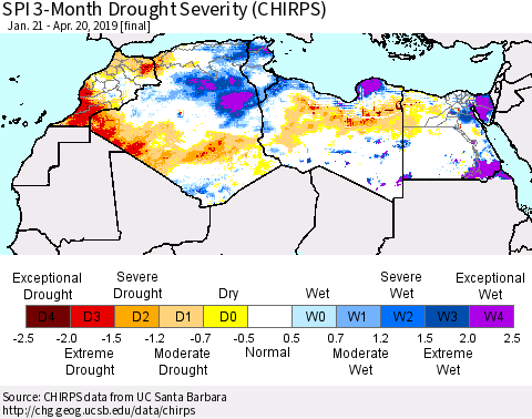 North Africa SPI 3-Month Drought Severity (CHIRPS) Thematic Map For 1/21/2019 - 4/20/2019
