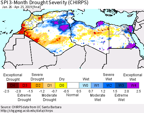 North Africa SPI 3-Month Drought Severity (CHIRPS) Thematic Map For 1/26/2019 - 4/25/2019