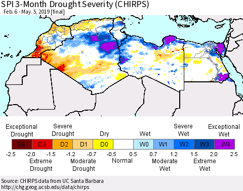 North Africa SPI 3-Month Drought Severity (CHIRPS) Thematic Map For 2/6/2019 - 5/5/2019