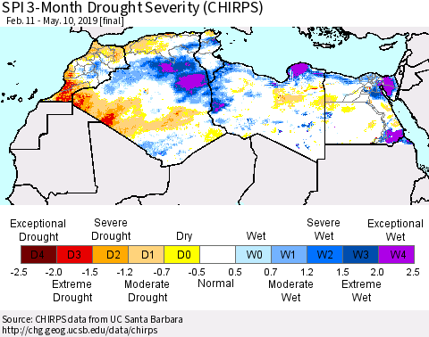 North Africa SPI 3-Month Drought Severity (CHIRPS) Thematic Map For 2/11/2019 - 5/10/2019