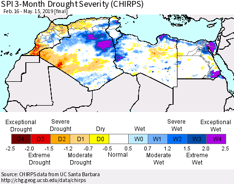 North Africa SPI 3-Month Drought Severity (CHIRPS) Thematic Map For 2/16/2019 - 5/15/2019