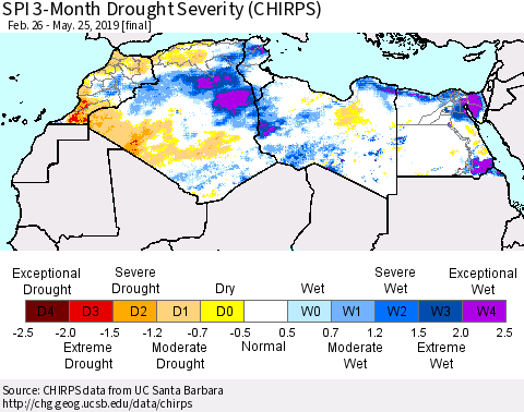 North Africa SPI 3-Month Drought Severity (CHIRPS) Thematic Map For 2/26/2019 - 5/25/2019