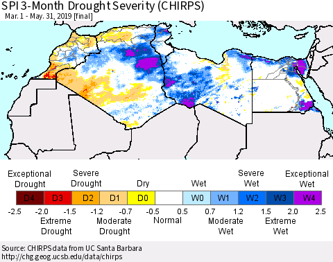 North Africa SPI 3-Month Drought Severity (CHIRPS) Thematic Map For 3/1/2019 - 5/31/2019