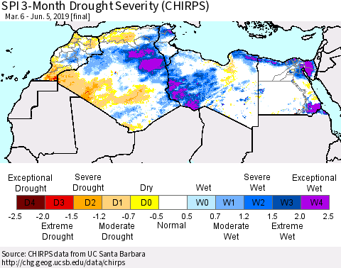 North Africa SPI 3-Month Drought Severity (CHIRPS) Thematic Map For 3/6/2019 - 6/5/2019