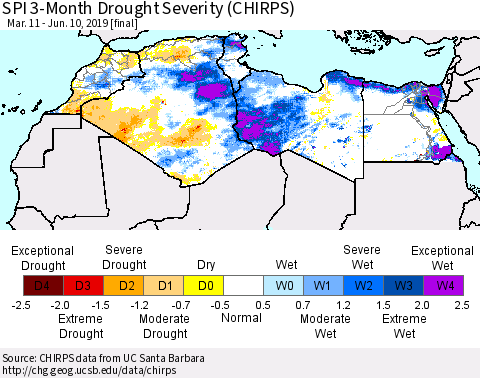 North Africa SPI 3-Month Drought Severity (CHIRPS) Thematic Map For 3/11/2019 - 6/10/2019