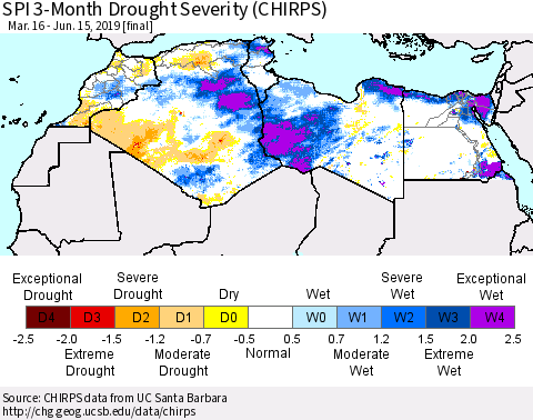 North Africa SPI 3-Month Drought Severity (CHIRPS) Thematic Map For 3/16/2019 - 6/15/2019