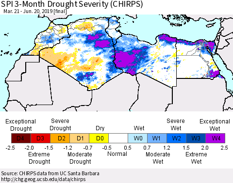 North Africa SPI 3-Month Drought Severity (CHIRPS) Thematic Map For 3/21/2019 - 6/20/2019