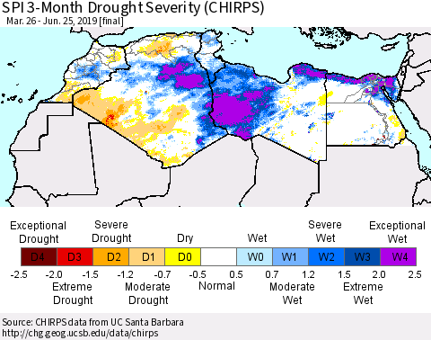 North Africa SPI 3-Month Drought Severity (CHIRPS) Thematic Map For 3/26/2019 - 6/25/2019