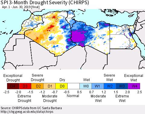 North Africa SPI 3-Month Drought Severity (CHIRPS) Thematic Map For 4/1/2019 - 6/30/2019