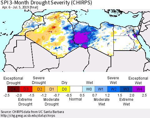 North Africa SPI 3-Month Drought Severity (CHIRPS) Thematic Map For 4/6/2019 - 7/5/2019