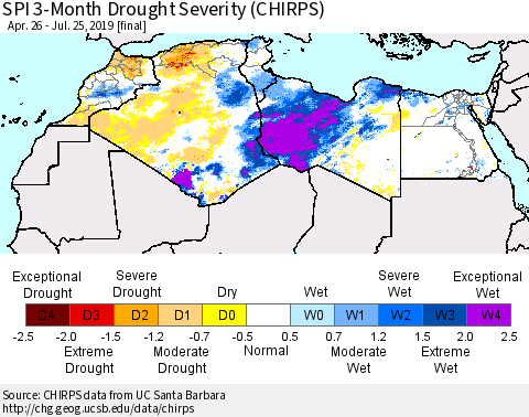 North Africa SPI 3-Month Drought Severity (CHIRPS) Thematic Map For 4/26/2019 - 7/25/2019