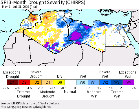 North Africa SPI 3-Month Drought Severity (CHIRPS) Thematic Map For 5/1/2019 - 7/31/2019