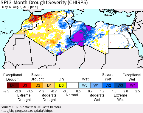 North Africa SPI 3-Month Drought Severity (CHIRPS) Thematic Map For 5/6/2019 - 8/5/2019