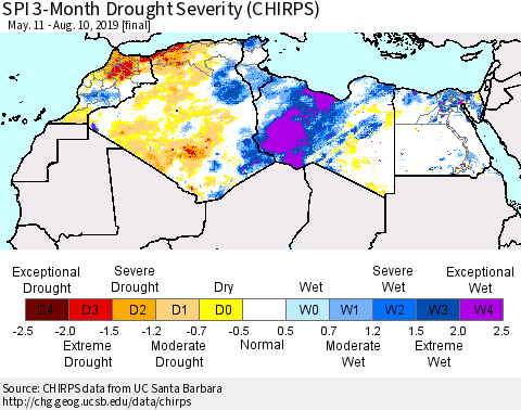 North Africa SPI 3-Month Drought Severity (CHIRPS) Thematic Map For 5/11/2019 - 8/10/2019