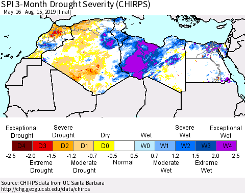 North Africa SPI 3-Month Drought Severity (CHIRPS) Thematic Map For 5/16/2019 - 8/15/2019