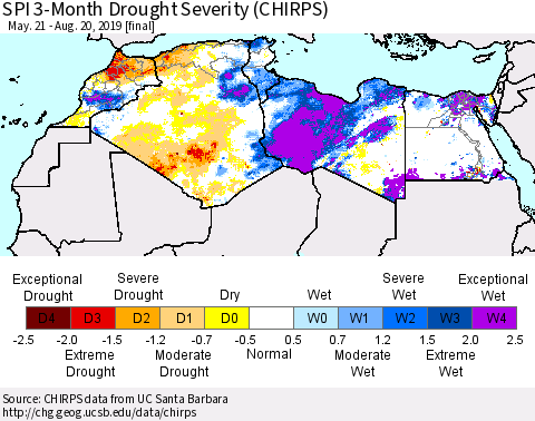 North Africa SPI 3-Month Drought Severity (CHIRPS) Thematic Map For 5/21/2019 - 8/20/2019