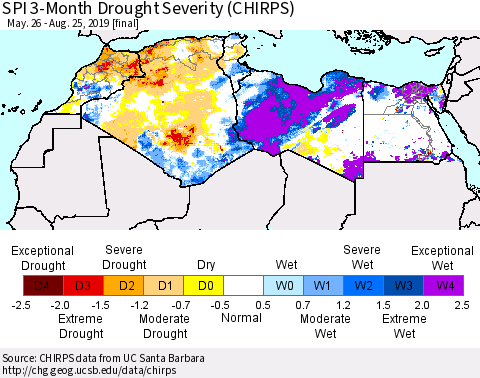 North Africa SPI 3-Month Drought Severity (CHIRPS) Thematic Map For 5/26/2019 - 8/25/2019