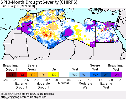 North Africa SPI 3-Month Drought Severity (CHIRPS) Thematic Map For 6/1/2019 - 8/31/2019